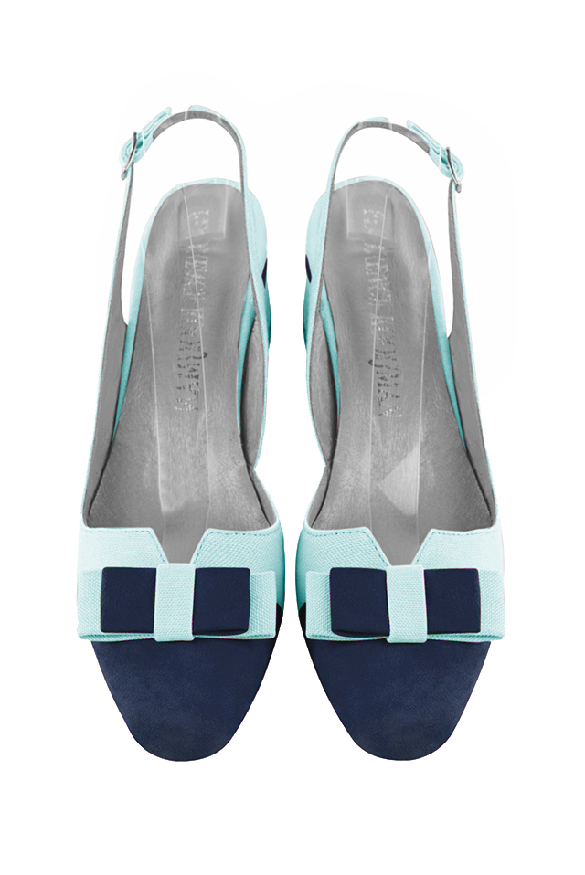 Navy blue women's open back shoes, with a knot. Round toe. Low flare heels. Top view - Florence KOOIJMAN